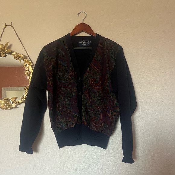 Ralph Lauren blue label wool paisley patch pocket cardigan navy blue buttons 90s - Picture 1 of 7